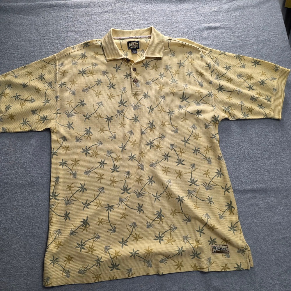 Tommy‎ Bahama Mens Yellow Palm Tree Print Cotton Waffle Knit Polo Shirt Large